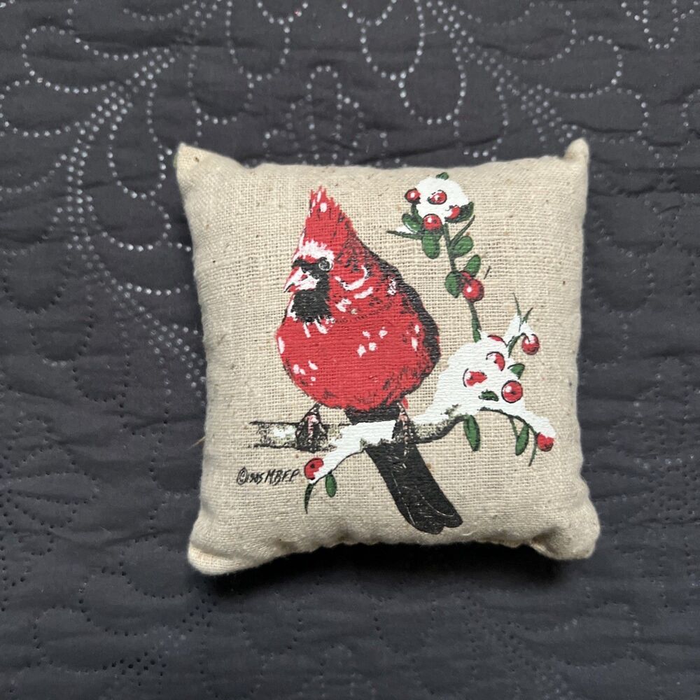 VTG Cardinal Red Bird Berries Pin Cushion 4.5” x 4” Handmade Signed 1985 MBFP